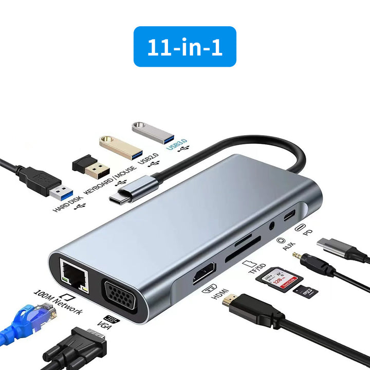 ARMOR-X 11-in-1 USB-C Adapter. 11-in-1 USB-C hub includes a USB 3.0 and 3 x USB 2.0 ports, an RJ45 Ethernet port, a VGA male to female port, a 4K HDMI video output, a TF card slot, a SD card slot, a 3.5mm audio jack, a PD port. One hub can meet daily needs.