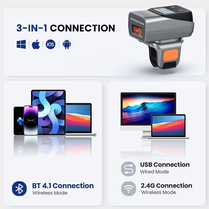 ARMOR-X Bluetooth Ring Barcode Scanner. 3-in-1 wireless & wired connection.