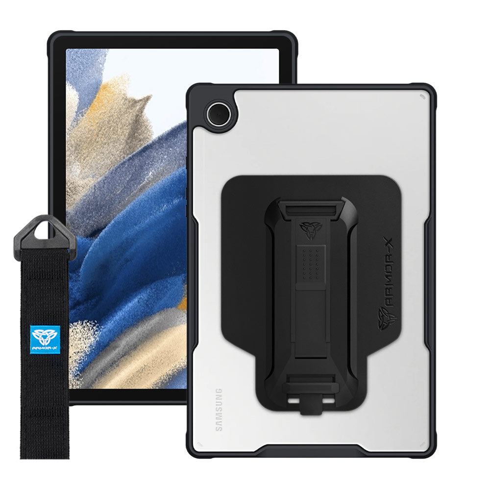ARMOR-X Samsung Galaxy Tab A8 SM-X200 / X205 shockproof case, impact protection cover with hand strap and kick stand. One-handed design for your workplace.