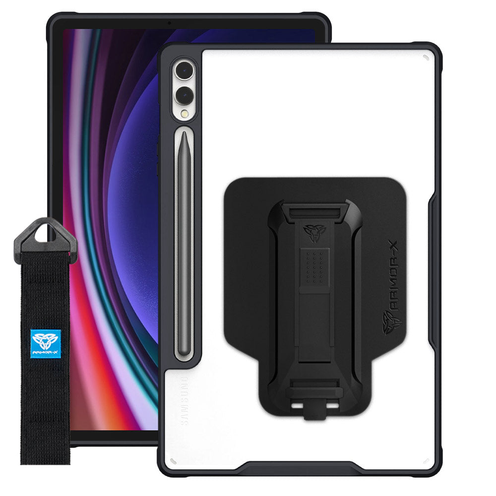 ARMOR-X Samsung Galaxy Tab S9+ S9 Plus SM-X810 / X816 shockproof case, impact protection cover with hand strap and kick stand. One-handed design for your workplace.