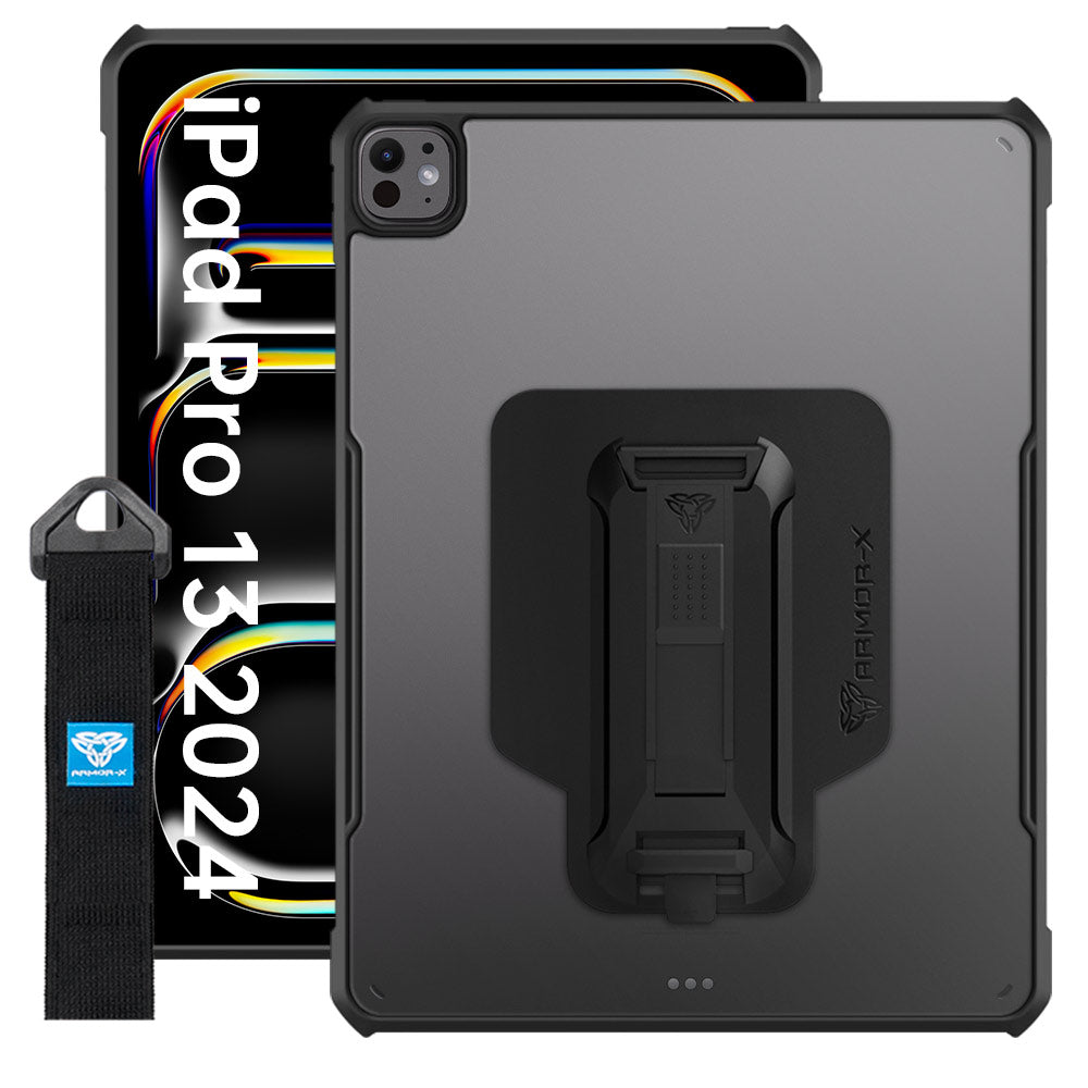 ARMOR-X iPad Pro 13 2024 shockproof case, impact protection cover with hand strap and kick stand. One-handed design for your workplace.
