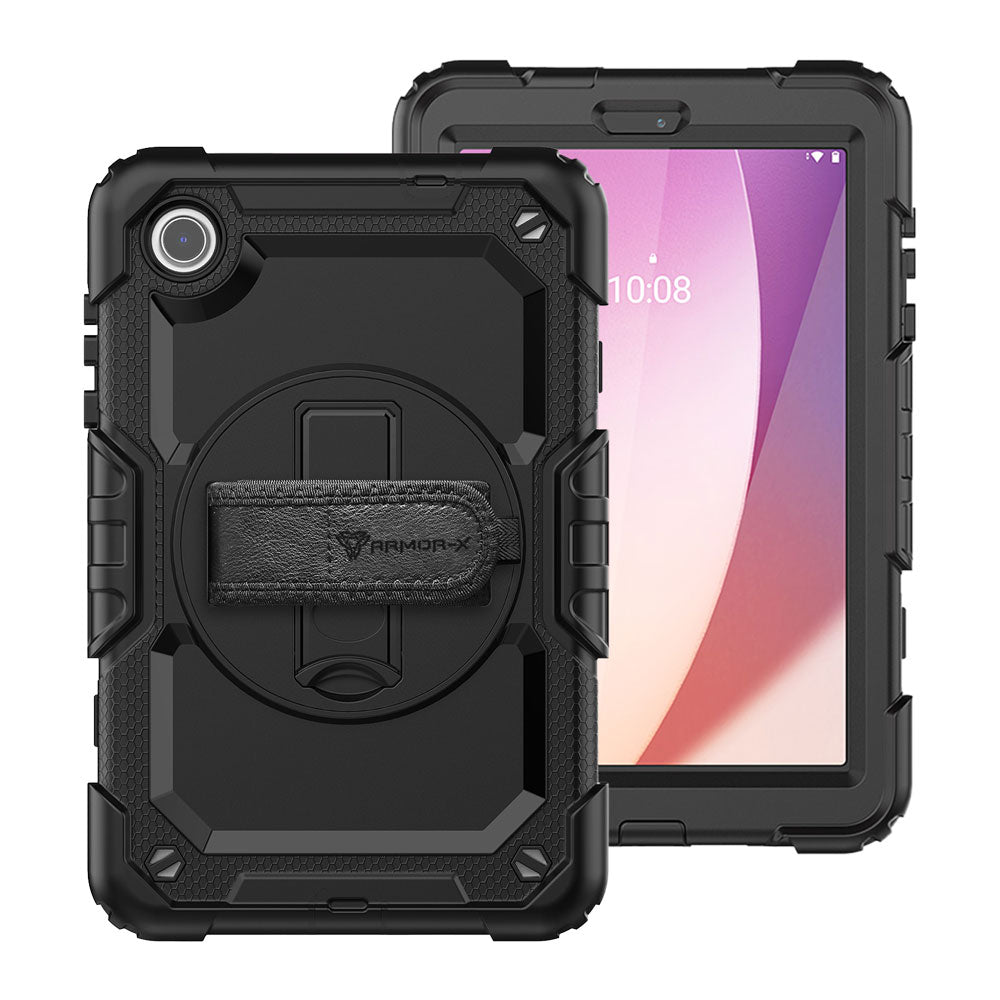 ARMOR-X Lenovo Tab M8 (4th Gen) TB300 shockproof case, impact protection cover with hand strap and kick stand. One-handed design for your workplace.