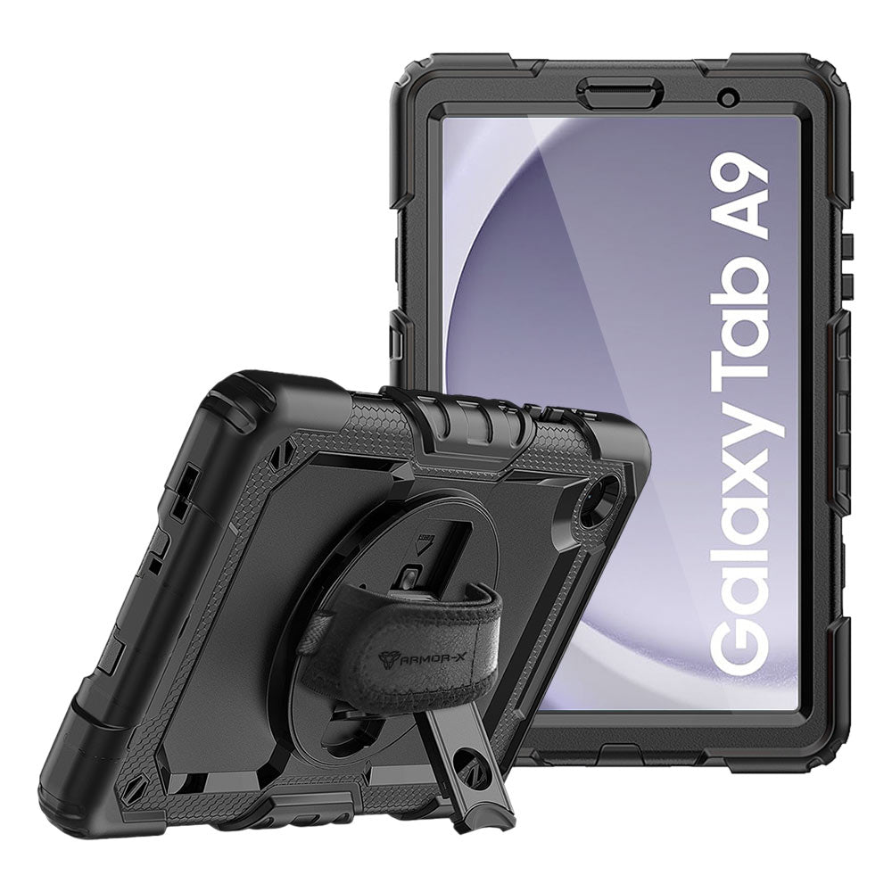 ARMOR-X Samsung Galaxy Tab A9 SM-X110 / SM-X115 shockproof case, impact protection cover with hand strap and kick stand. One-handed design for your workplace.