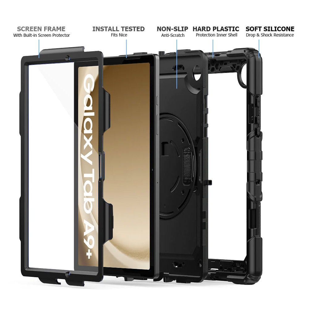 ARMOR-X Samsung Galaxy Tab A9+ A9 Plus SM-X210 / SM-X215 / SM-X216 shockproof case, impact protection cover with hand strap and kick stand. Ultra 3 layers impact resistant design.