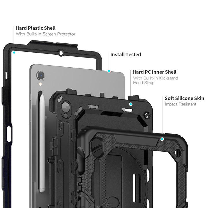 ARMOR-X Samsung Galaxy Tab S9 SM-X710 / X716 / X718 shockproof case, impact protection cover with hand strap and kick stand. Ultra 3 layers impact resistant design.