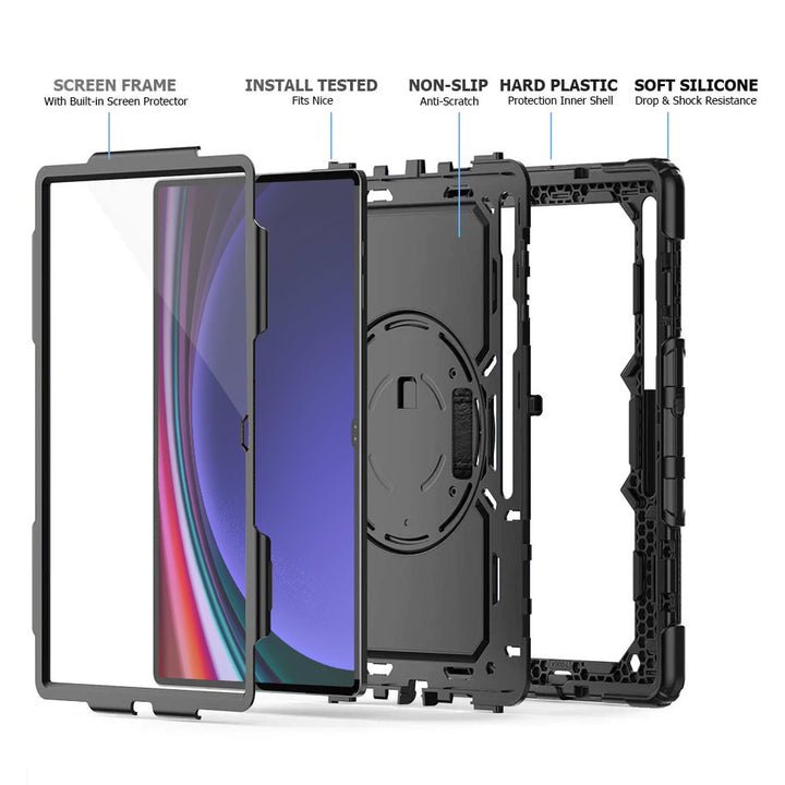ARMOR-X Samsung Galaxy Tab S9 Ultra SM-X910 / X916 / X918 shockproof case, impact protection cover with hand strap and kick stand. Ultra 3 layers impact resistant design.