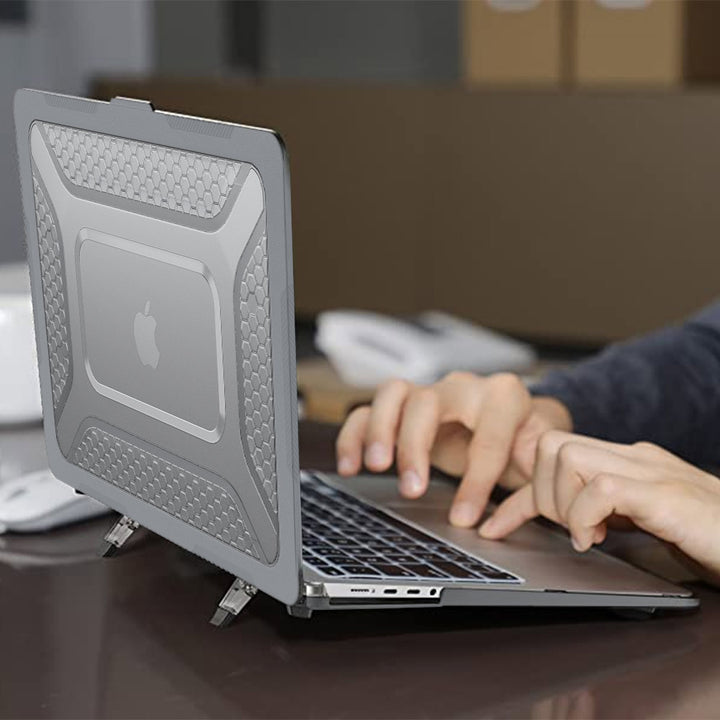 ARMOR-X MacBook Pro 16" 2021 / 2023 (A2485 / A2780) shockproof case with a built-in kickstand, bringing better visual experience and helps to relieve neck strain.