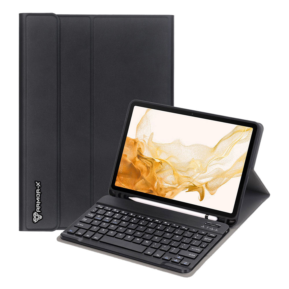 ARMOR-X Samsung Galaxy Tab S8 SM-X700 / SM-X706 shockproof case, impact protection cover. Shockproof case with magnetic detachable wireless keyboard. Hand free typing, drawing, video watching.