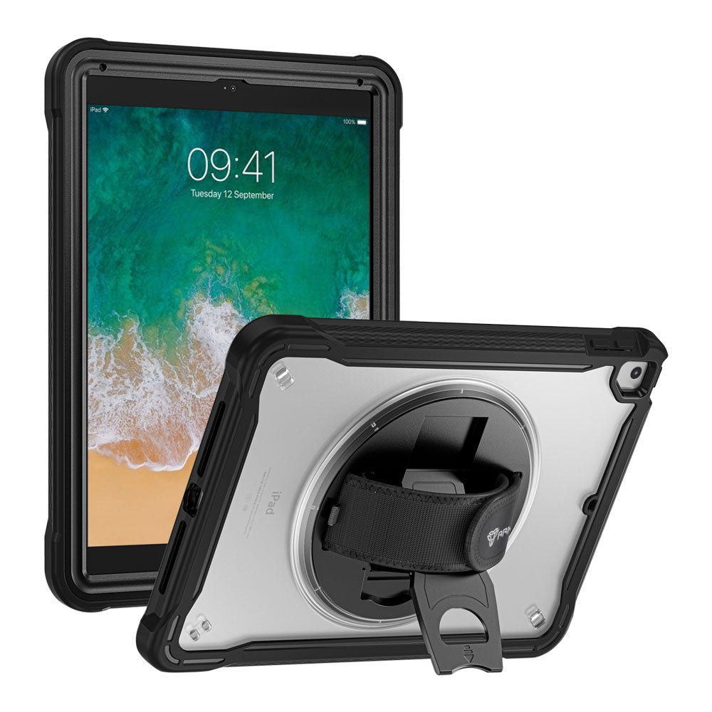 ARMOR-X iPad 9.7 ( 5th / 6th Gen. ) 2017 / 2018 shockproof case, impact protection cover with hand strap and kick stand. One-handed design for your workplace.