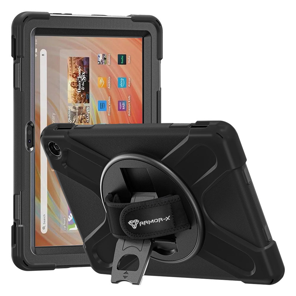 ARMOR-X Amazon Fire HD 10 2023 shockproof case, impact protection cover with hand strap and kick stand. One-handed design for your workplace.