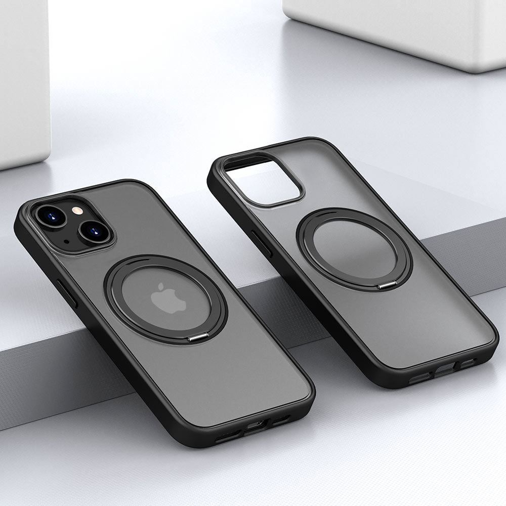 ARMOR-X APPLE iPhone 15 shockproof compact case with rotatable magnetic stand, supports wireless charging.