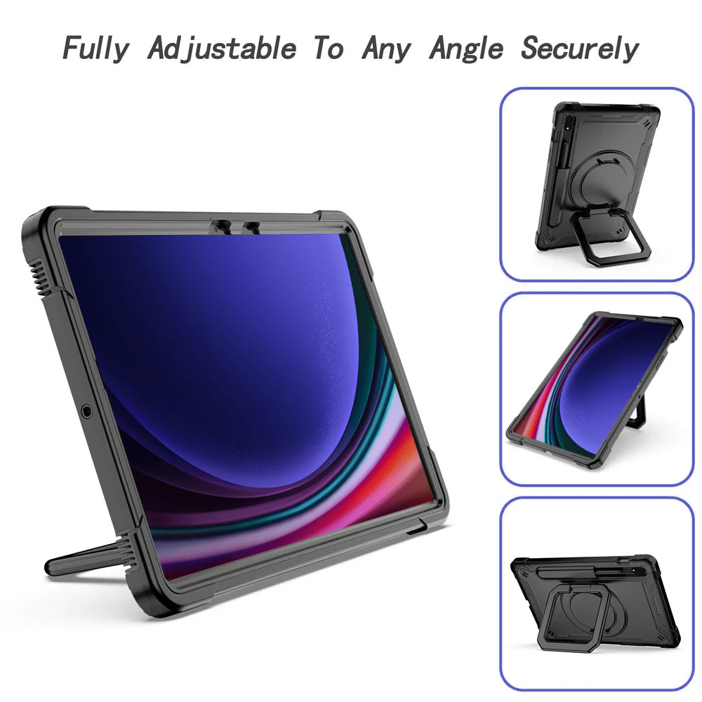ARMOR-X Samsung Galaxy Tab S9 SM-X710 / X716 / X718 shockproof case, impact protection cover with folding grip kickstand for comfortable viewing and typing angle.