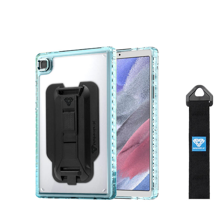 ARMOR-X Samsung Galaxy Tab A7 Lite 8.7 SM-T220 / T225 transparent protective rugged case, impact protection cover with hand strap and kick stand and X-Mount. One-handed design for your workplace.