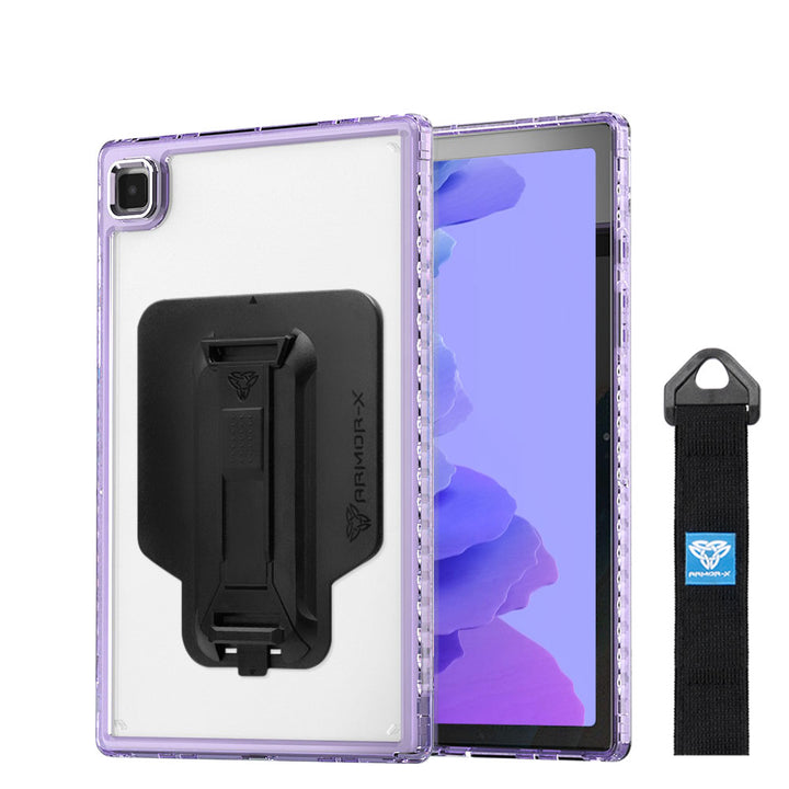 ARMOR-X Samsung Galaxy Tab A7 10.4 SM-T500 T505 T507 (2020) / A7 10.4 SM-T509 (2022) transparent protective rugged case, impact protection cover with hand strap and kick stand and X-Mount. One-handed design for your workplace.