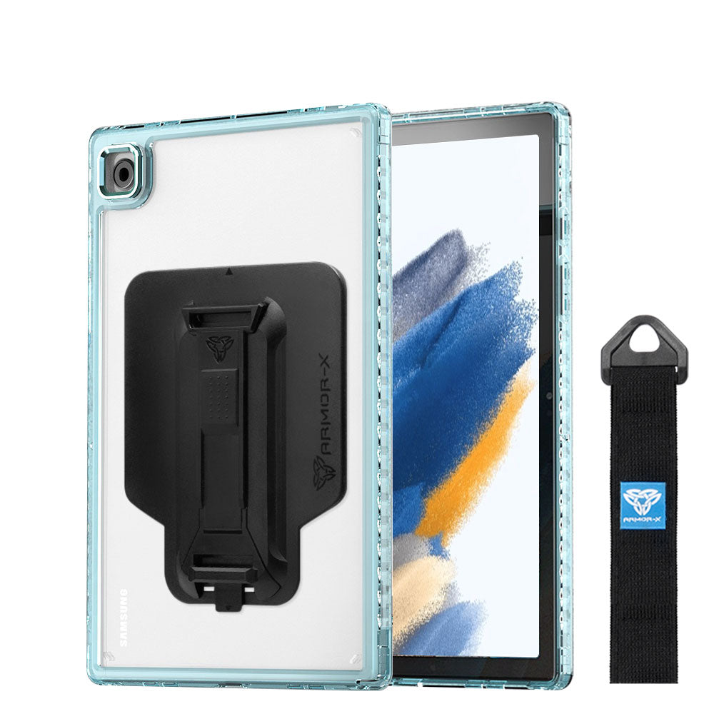 ARMOR-X Samsung Galaxy Tab A8 SM-X200 / X205 transparent protective rugged case, impact protection cover with hand strap and kick stand and X-Mount. One-handed design for your workplace.