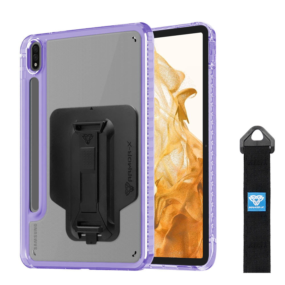 ARMOR-X Samsung Galaxy Tab S8 SM-X700 / SM-X706 transparent protective rugged case, impact protection cover with hand strap and kick stand and X-Mount. One-handed design for your workplace.