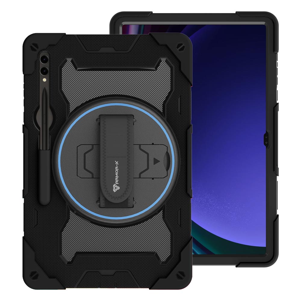 ARMOR-X Samsung Galaxy Tab S9 Ultra SM-X910 / X916 / X918 shockproof case, impact protection cover with hand strap and kick stand. One-handed design for your workplace.
