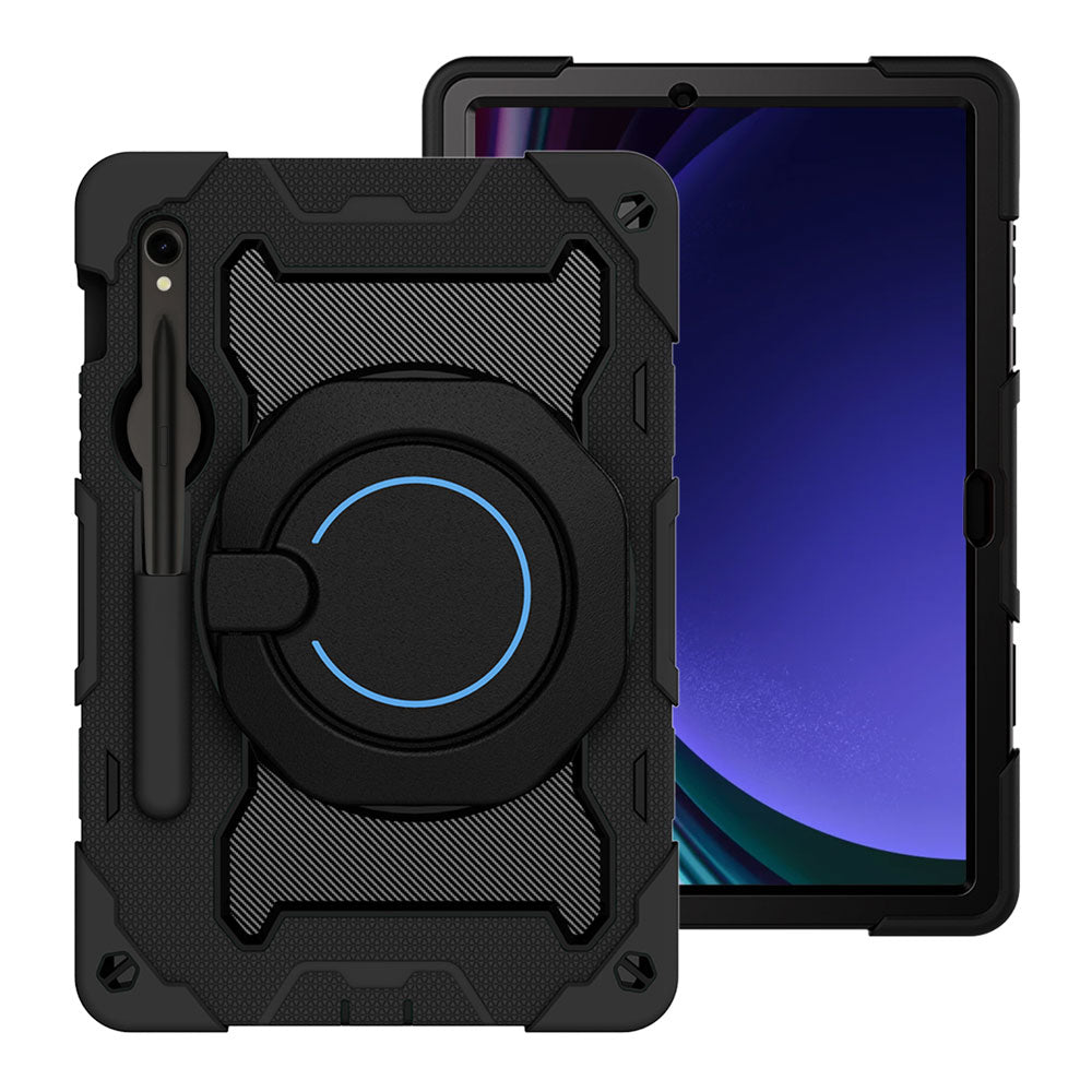 NON-SS-X710 | Samsung Galaxy Tab S9 SM-X710 / X716 | Rugged Case with  Kick-Stand & Folding Grip & Pencil Holder