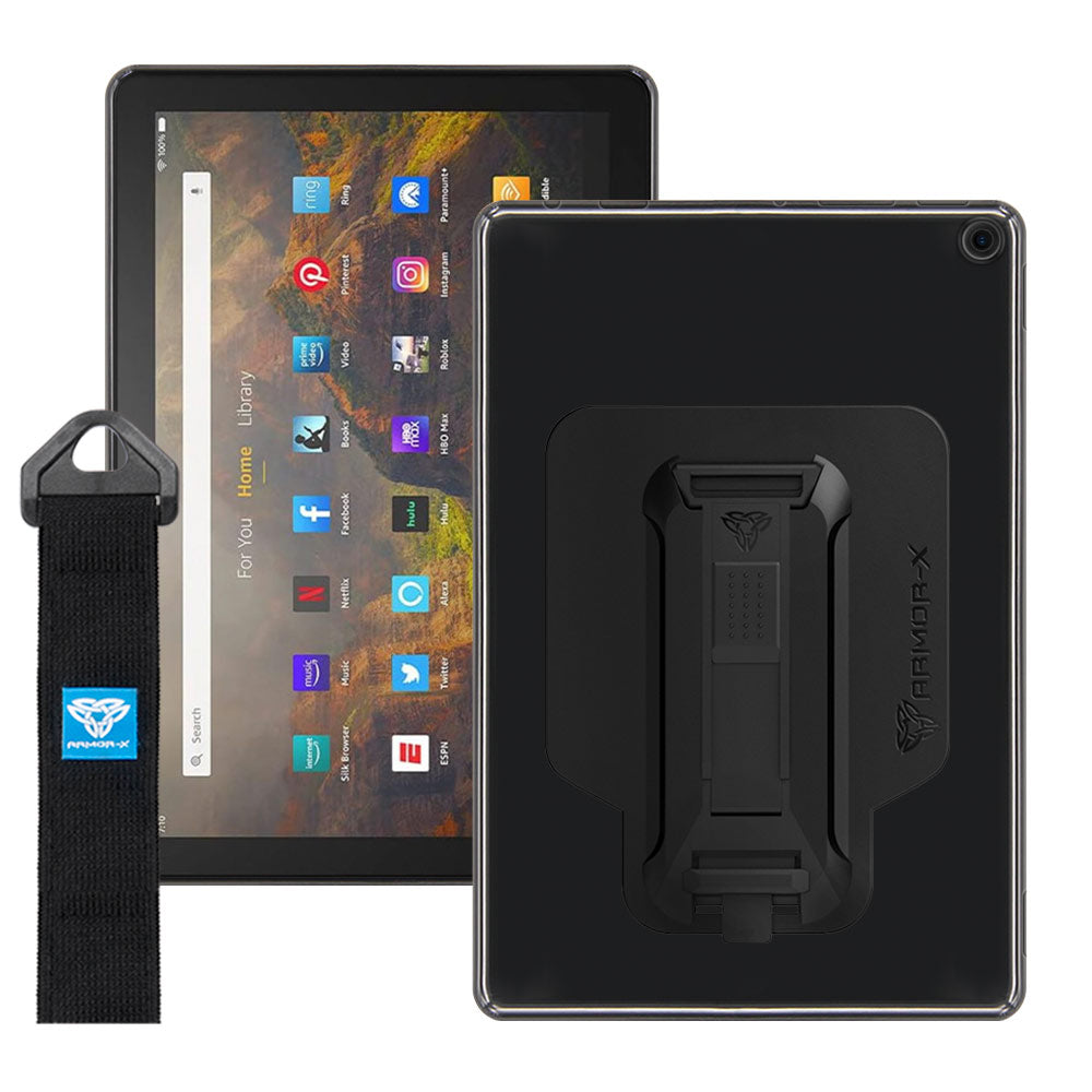 ARMOR-X Amazon Fire HD 10 2023 shockproof case, impact protection cover with hand strap and kick stand. One-handed design for your workplace.