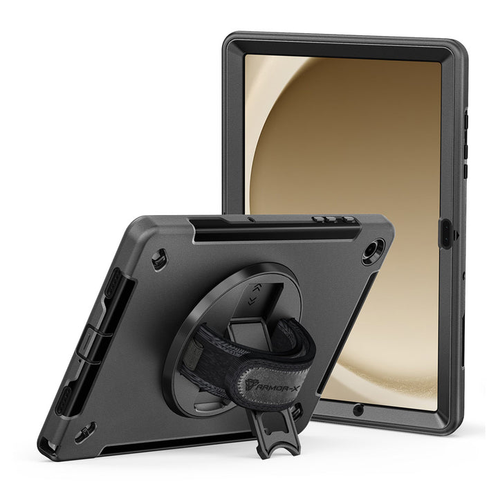 ARMOR-X Samsung Galaxy Tab A9+ A9 Plus SM-X210 / SM-X215 / SM-X216 shockproof case, impact protection cover with hand strap and kick stand. One-handed design for your workplace.