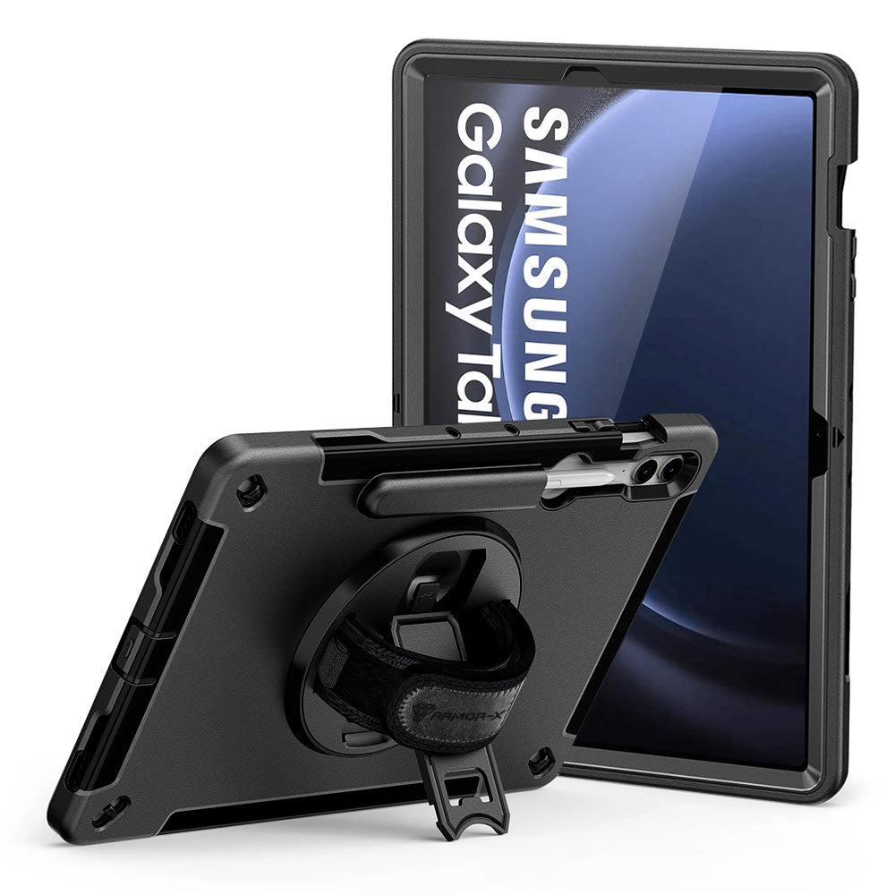 ARMOR-X Samsung Galaxy Tab S9 FE+ S9 FE Plus SM-X610 / X616B shockproof case, impact protection cover with hand strap and kick stand. One-handed design for your workplace.