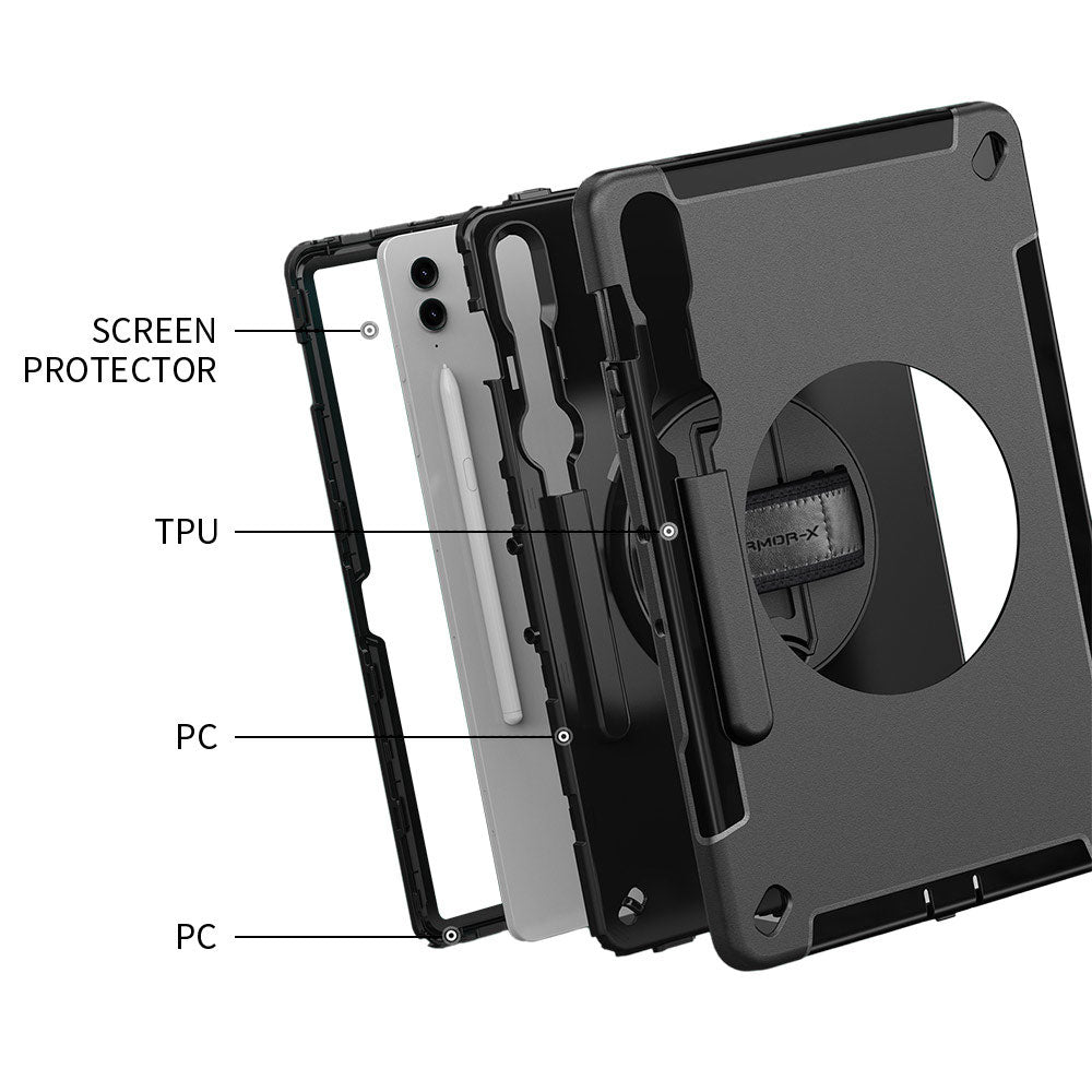 ARMOR-X Samsung Galaxy Tab S9 FE+ S9 FE Plus SM-X610 / X616B shockproof case, impact protection cover with hand strap and kick stand. Ultra 3 layers impact resistant design.