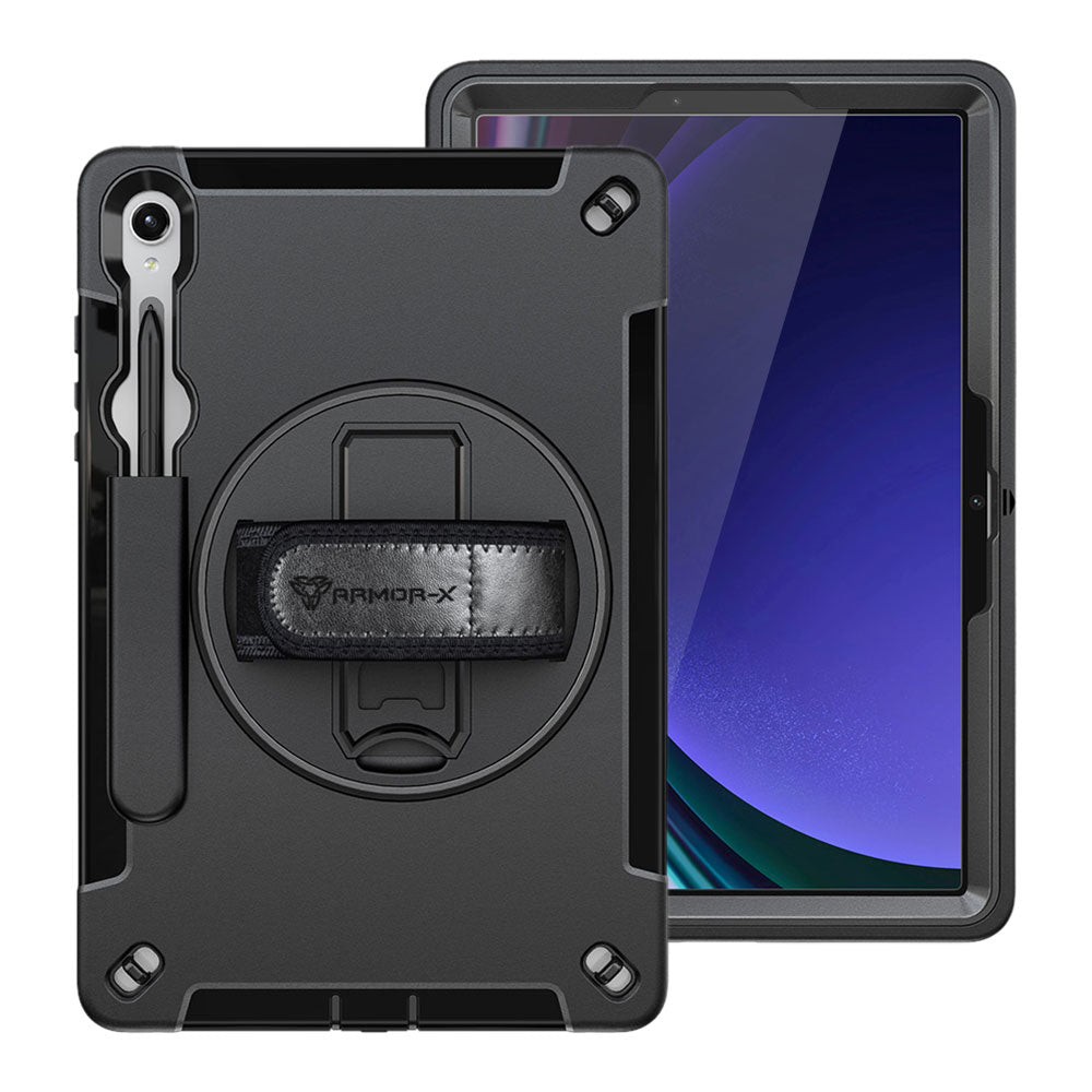 ARMOR-X Samsung Galaxy Tab S9 SM-X710 / X716 shockproof case, impact protection cover with hand strap and kick stand. One-handed design for your workplace.