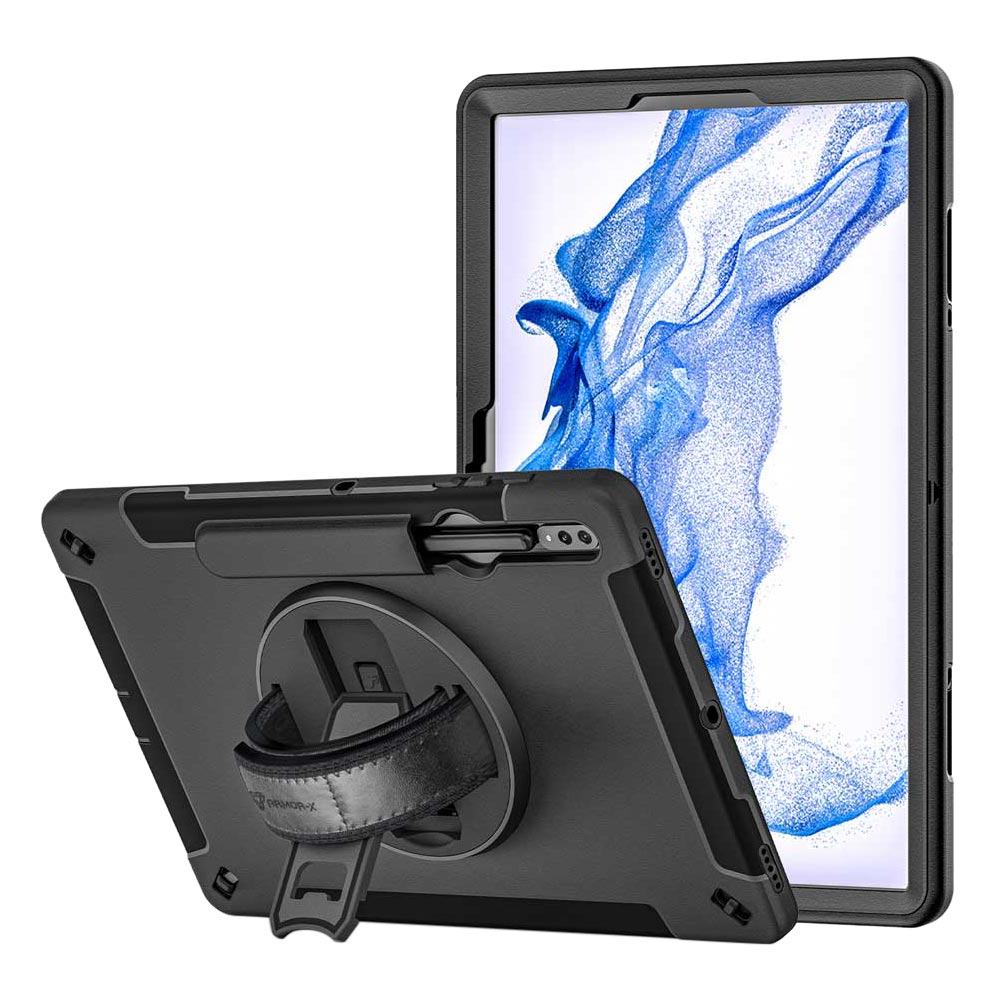 RIN-SS-X800 | Samsung Galaxy Tab S8+ S8 Plus SM-X800 / X806 & S7+ / S7 FE |  Rainproof military grade rugged case with hand strap and kick-stand
