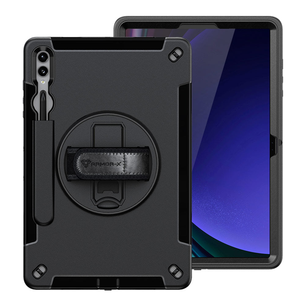 ARMOR-X Samsung Galaxy Tab S9+ S9 Plus SM-X810 / X816 / X818 shockproof case, impact protection cover with hand strap and kick stand. One-handed design for your workplace.