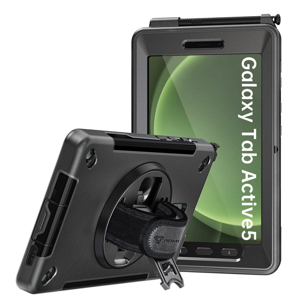 ARMOR-X Samsung Galaxy Tab Active5 SM-X306B / Tab Active3 SM-T570 SM-T575 SM-T577 shockproof case, impact protection cover with hand strap and kick stand. One-handed design for your workplace.