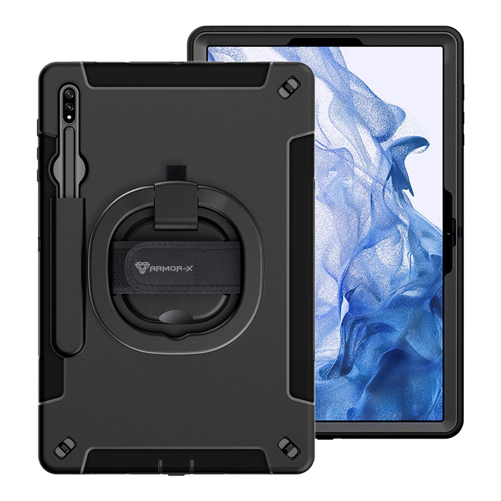 ARMOR-X Samsung Galaxy Tab S8+ S8 Plus SM-X800 / X806 shockproof case, impact protection cover with hand strap and kick stand & folding grip. One-handed design for your workplace.