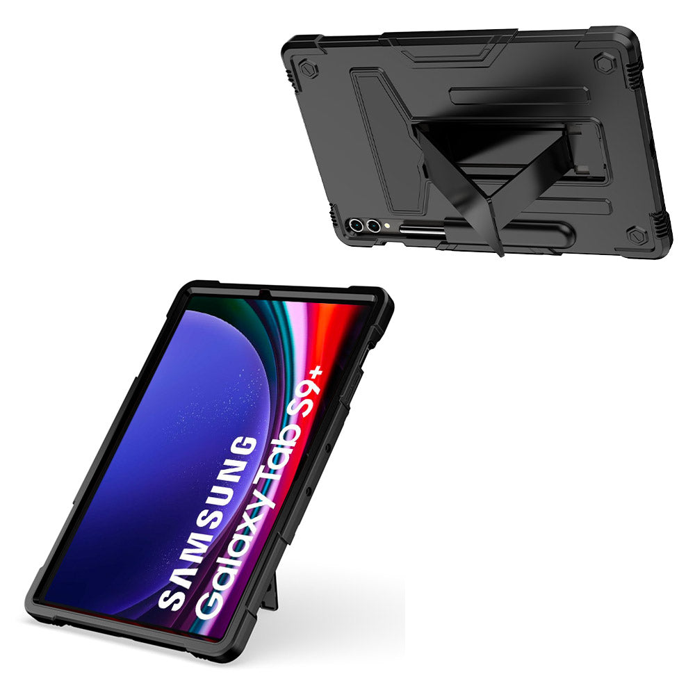 ARMOR-X Samsung Galaxy Tab S9+ S9 Plus SM-X810 / X816 shockproof case. Folded T-shaped kickstand support both portrait and landscape mode. Work perfectly for APPs need both viewing modes.