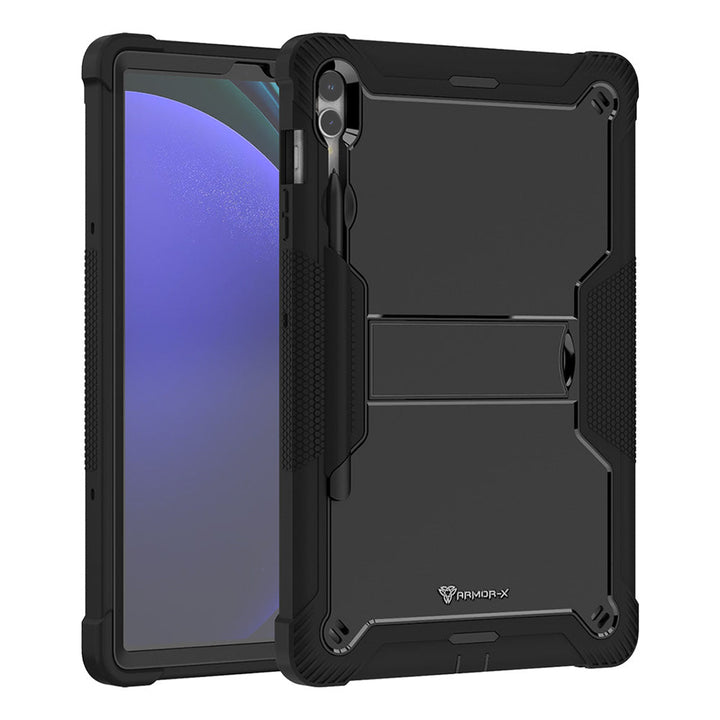 ARMOR-X Samsung Galaxy Tab S9 FE+ S9 FE Plus SM-X610 / X616B shockproof case, impact protection cover with kick stand. Rugged case with kick stand. Hand free typing, drawing, video watching.