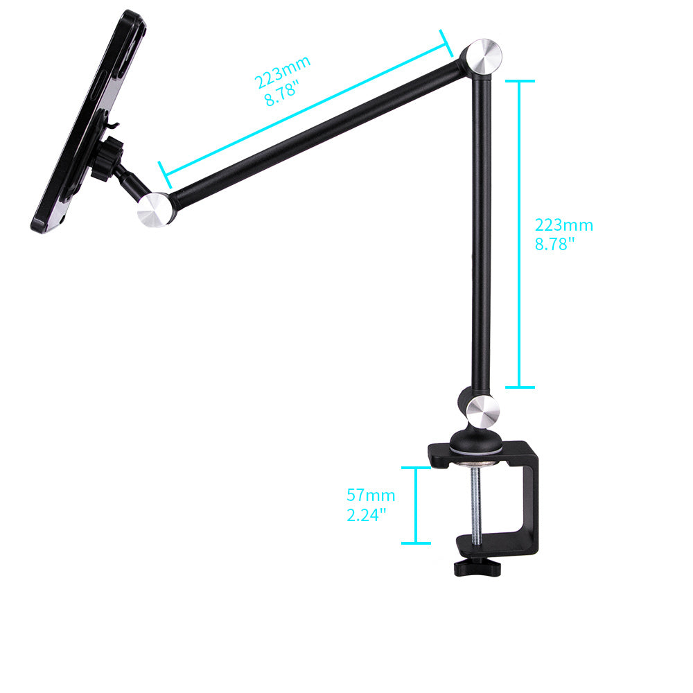 ARMOR-X flexible aluminum tabletop clamp mount for phone, clamp fits desks, tables, sideboards, or beds with a max thickness of 57mm(2.24").
