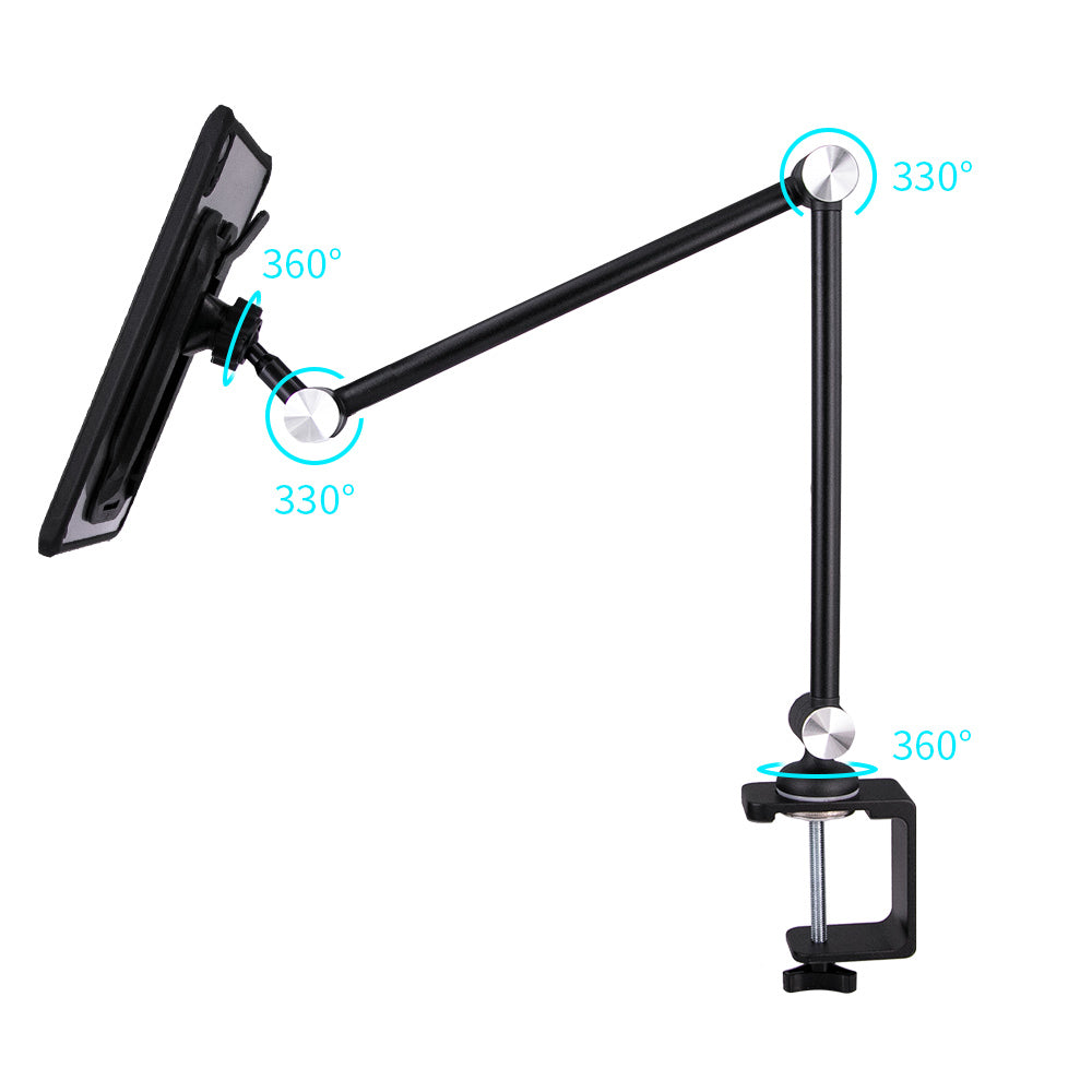ARMOR-X flexible aluminum tabletop clamp mount for tablet. The clamp mount has 4 rotatable joints.
