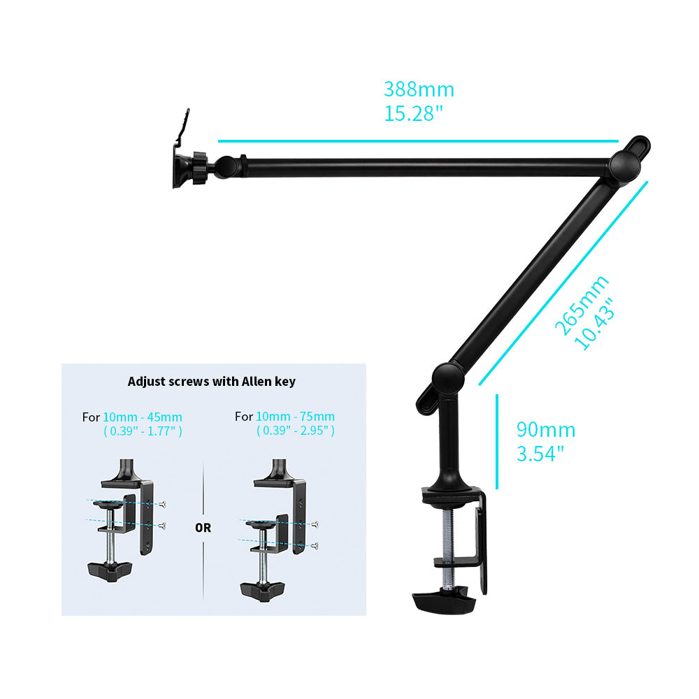 ARMOR-X aluminum adjustable arm clamp mount for tablet. Clamp fits desks, tables, sideboards, or beds with a max thickness of 10mm - 45mm (0.39" - 1.77"). For 10mm - 75mm (0.39" - 2.95") desks, adjust screws with Allen key.