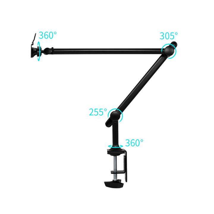 ARMOR-X aluminum adjustable arm clamp mount for tablet. The clamp mount has 4 rotatable joints (1x255°, 1x305°, 2x360°).