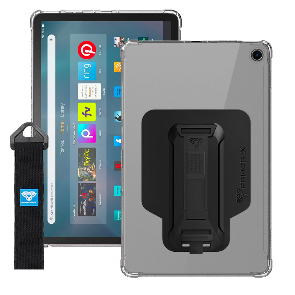 ARMOR-X Amazon Fire Max 11 shockproof case, impact protection cover with hand strap and kick stand. One-handed design for your workplace.