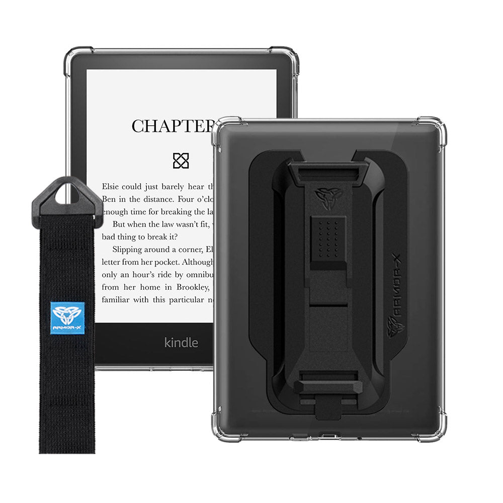 ARMOR-X Amazon Kindle Paperwhite 5 2021 shockproof case, impact protection cover with hand strap and kick stand. One-handed design for your workplace.