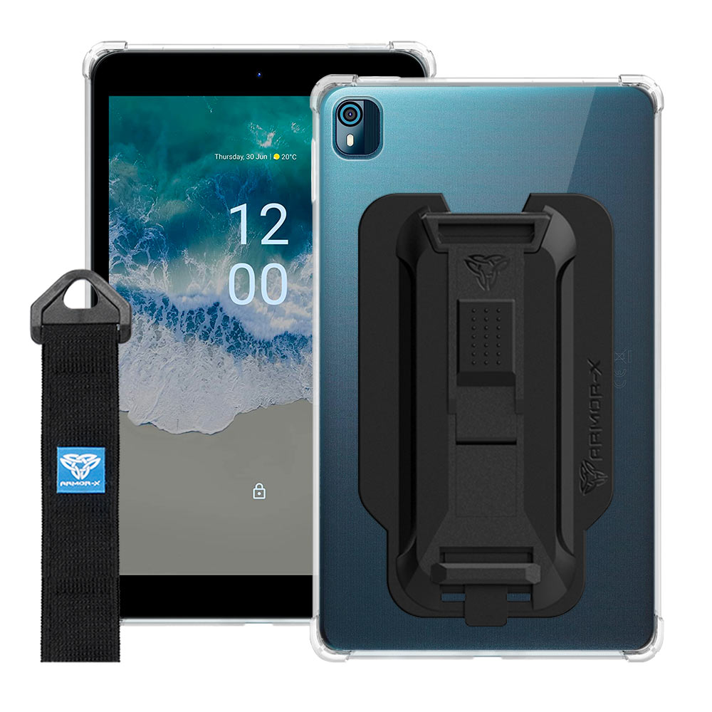 ARMOR-X Nokia T10 shockproof case, impact protection cover with hand strap and kick stand. One-handed design for your workplace.
