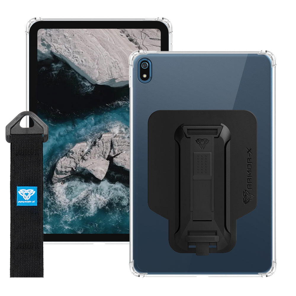 ARMOR-X Nokia T20 shockproof case, impact protection cover with hand strap and kick stand. One-handed design for your workplace.
