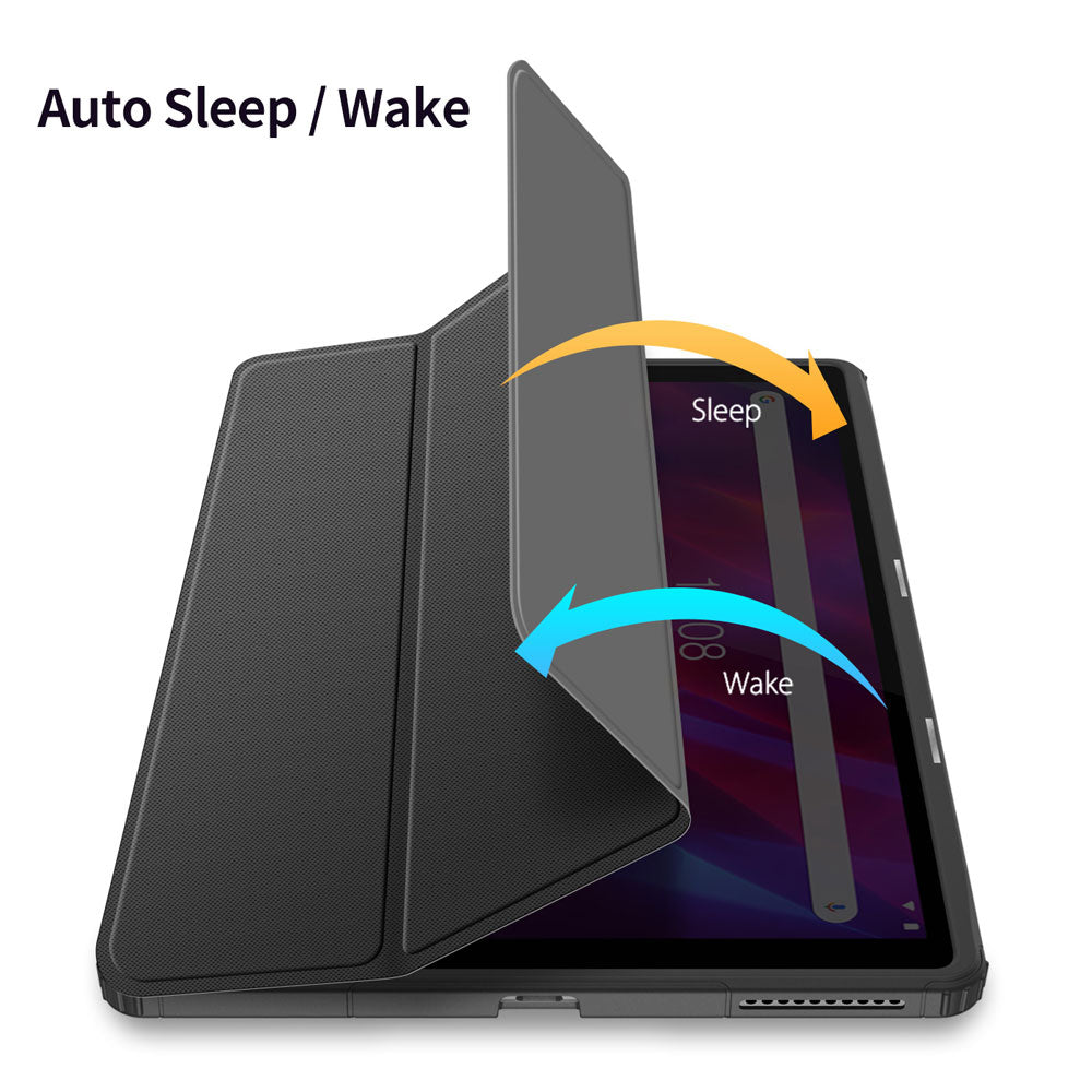 ARMOR-X Lenovo Tab M10 Plus TB-X606 Smart Tri-Fold Stand Magnetic Cover. With built-in magnets, automatically wakes or puts your device to sleep when the lid is opened and closed. 