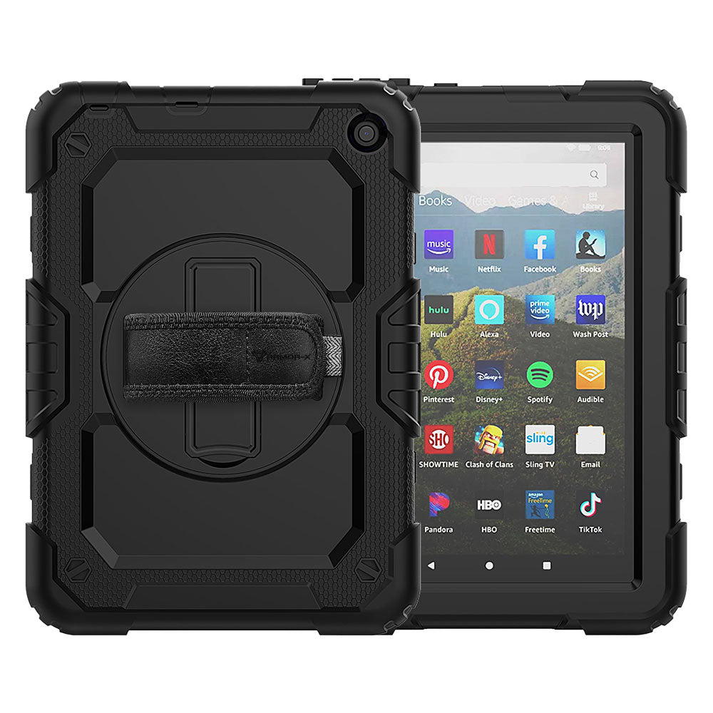 ARMOR-X Amazon Fire HD 8 2020 shockproof case, impact protection cover with hand strap and kick stand. One-handed design for your workplace.