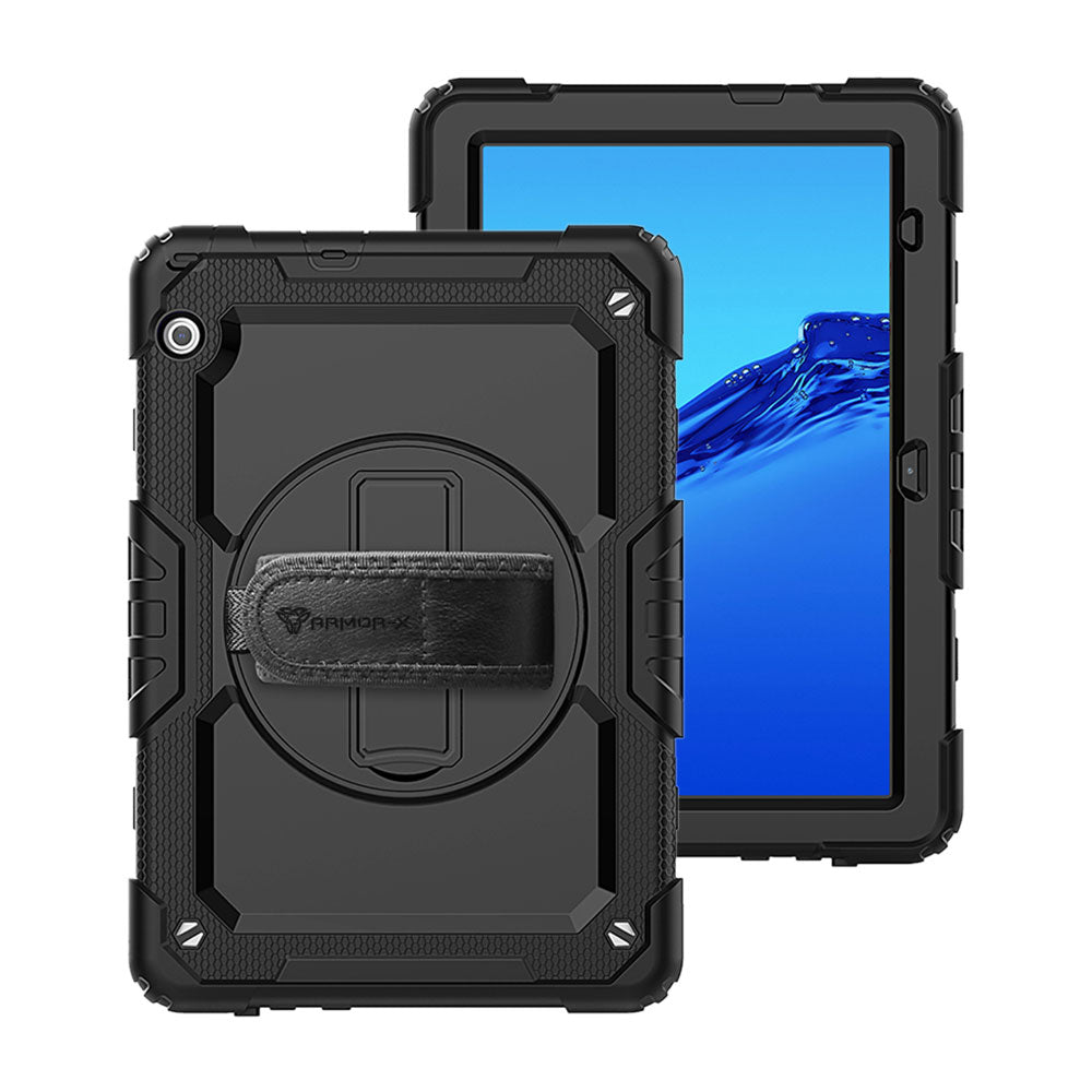 ARMOR-X Huawei MediaPad T5 10.1 shockproof case, impact protection cover with hand strap and kick stand. One-handed design for your workplace.