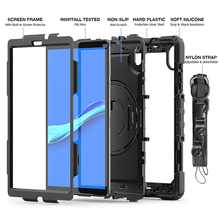 ARMOR-X Lenovo Tab M10 HD (2nd Gen) TB-X306F shockproof case, impact protection cover with hand strap and kick stand. Ultra 3 layers impact resistant design