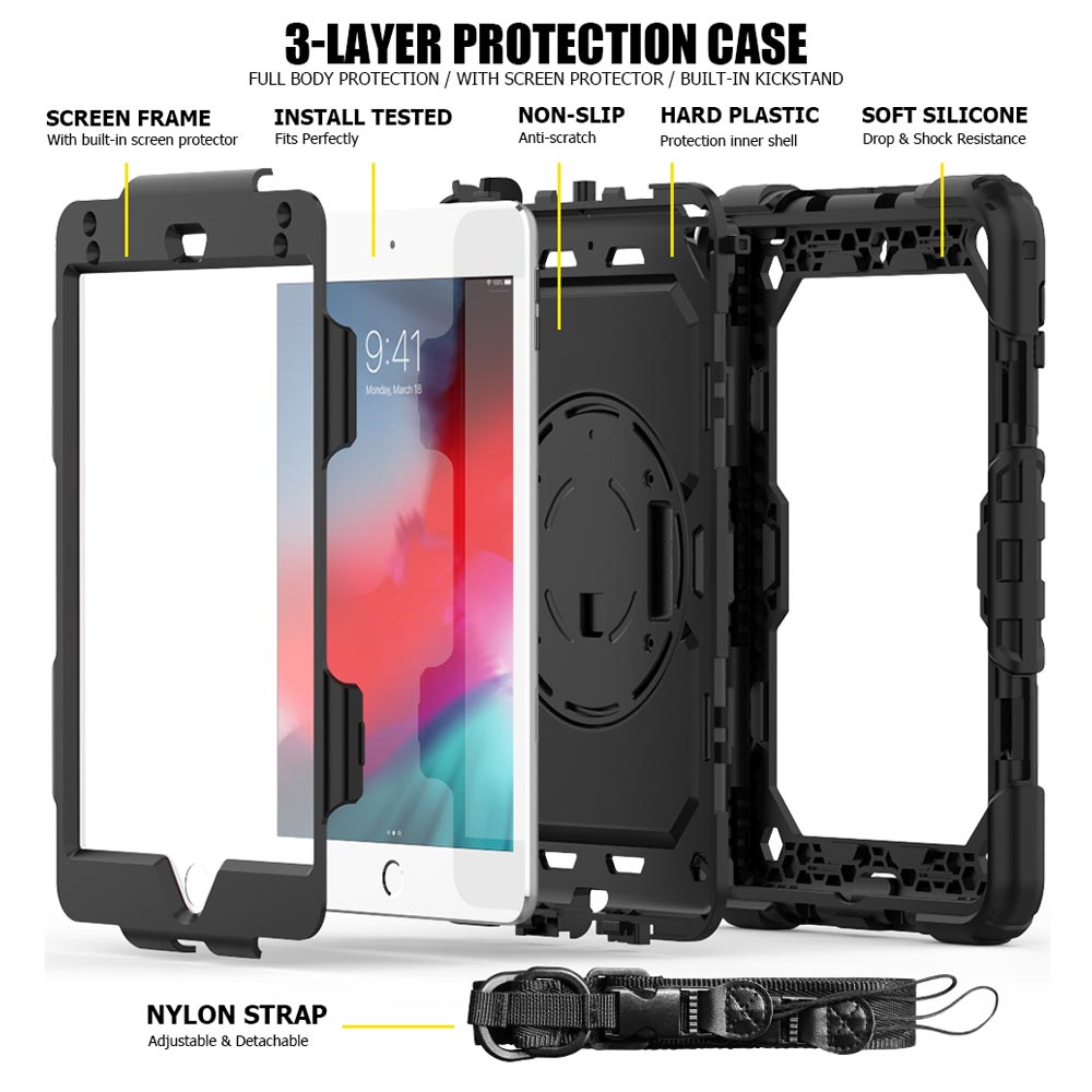 ARMOR-X iPad mini 5 / mini 4 shockproof case, impact protection cover with hand strap and kick stand. Ultra 3 layers impact resistant design