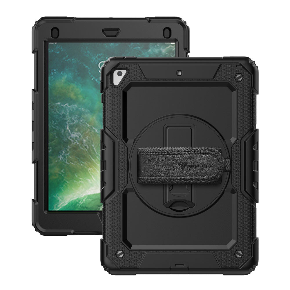ARMOR-X iPad 9.7 ( 5th / 6th Gen.) 2017 / 2018 shockproof case, impact protection cover with hand strap and kick stand. One-handed design for your workplace.
