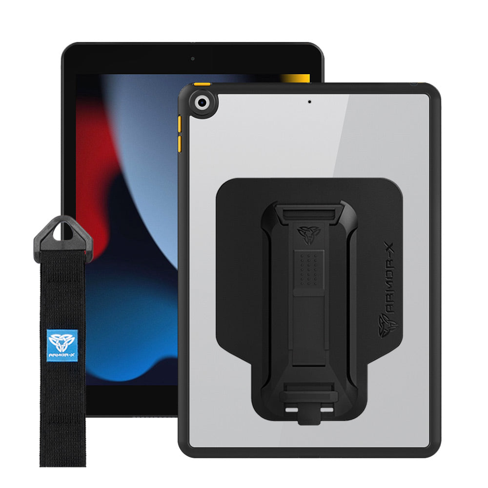 ARMOR-X iPad 10.2 (7TH & 8TH & 9TH GEN.) 2019 / 2020 / 2021 shockproof case, impact protection cover with hand strap and kick stand. One-handed design for your workplace.