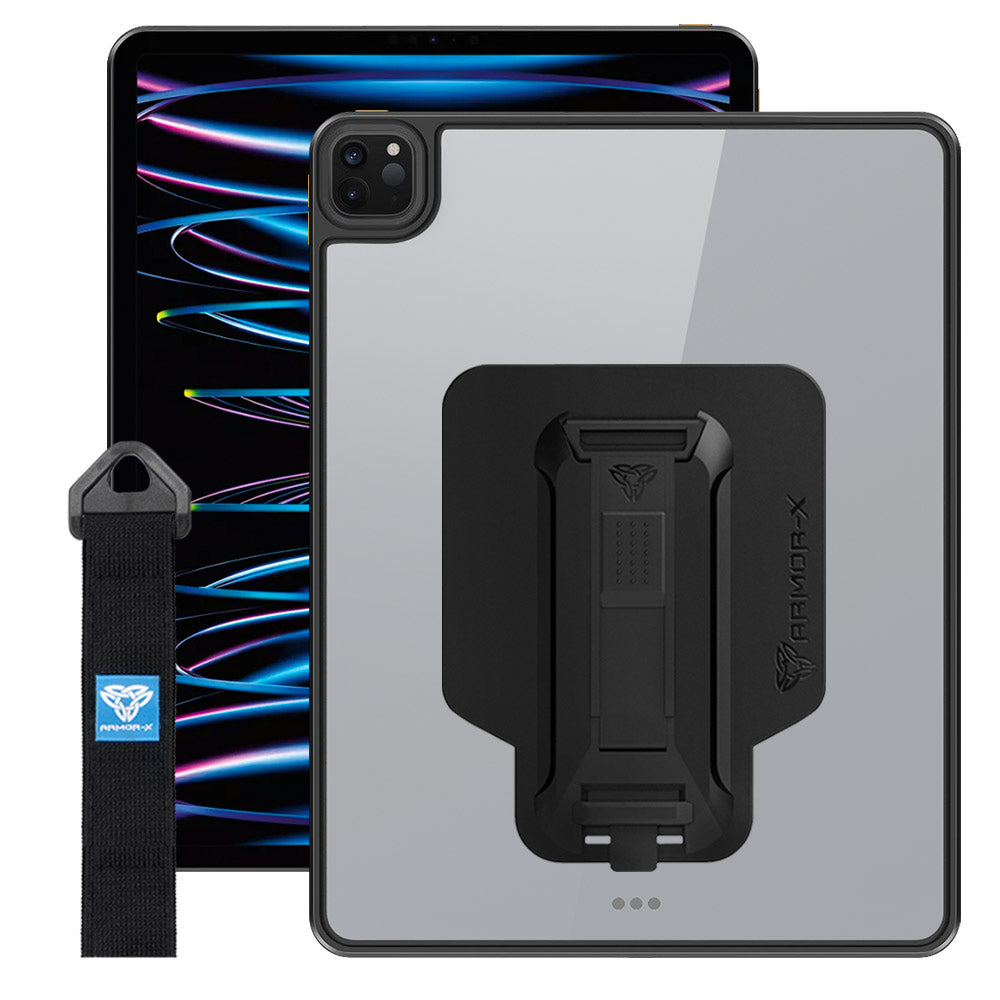 ARMOR-X iPad Pro 12.9 ( 4th / 5th / 6th Gen. ) 2020 / 2021 / 2022 shockproof case, impact protection cover with hand strap and kick stand. One-handed design for your workplace.