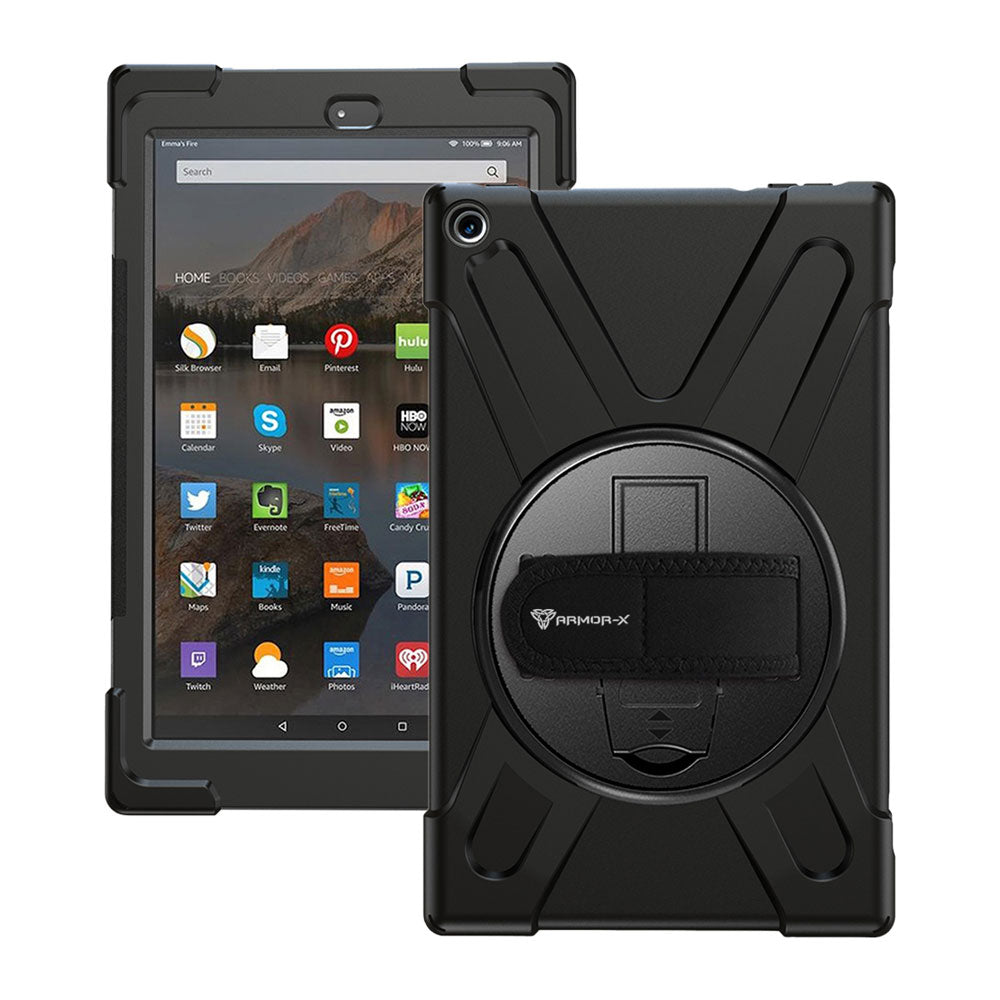 ARMOR-X Amazon Fire HD 10 2017 / 2019 shockproof case, impact protection cover with hand strap and kick stand. One-handed design for your workplace.